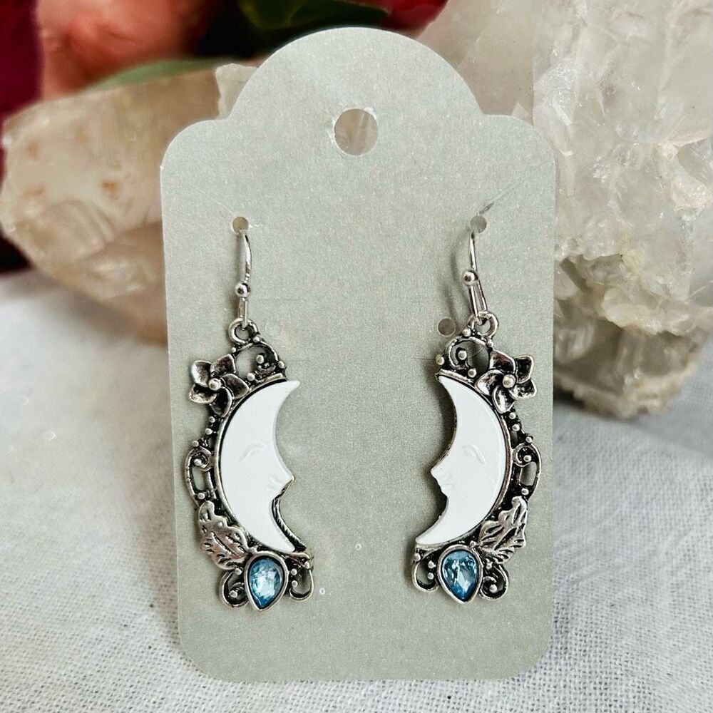 Silver Moon Face Filigree Floral Blue Stone Dangle Earrings